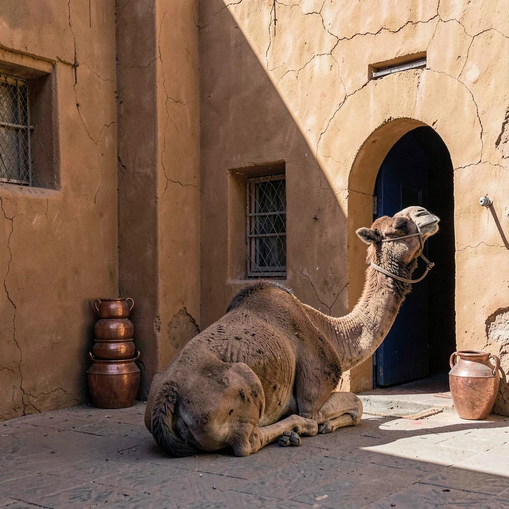 a desert caravanserai courtyard at midday, ochre walls hot, a camel kneeling in 