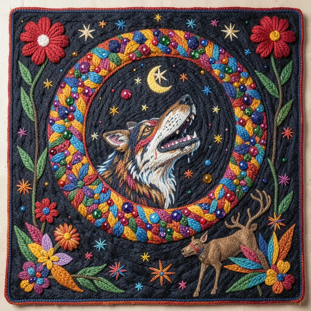 Wolf howling at moon — crescent moon framed by stars and peyote blossoms