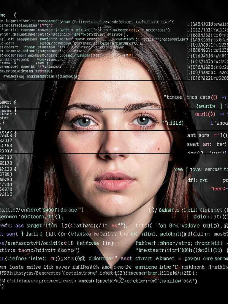 Portrait fragmenting horizontally, face becoming landscape becoming code