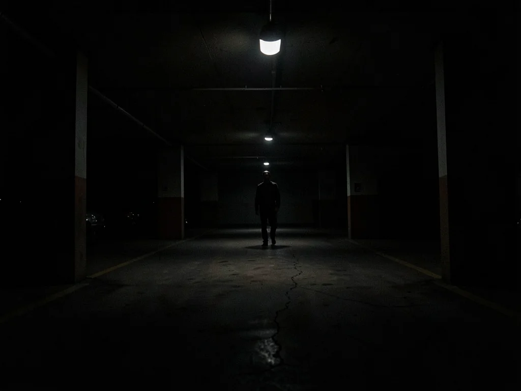 Figure at far end of parking garage, single overhead light creating pool, everyt