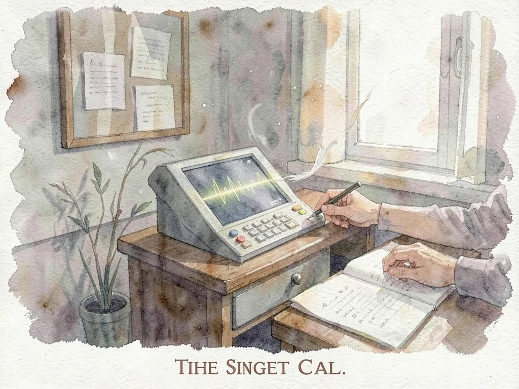 Painterly chapter card for the silent call, an open line glowing on a desk conso