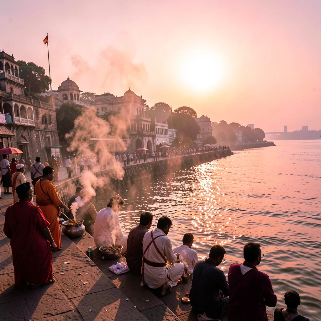 Varanasi ghat dawn, Ganges pink-gold light, incense smoke rising from offerings,