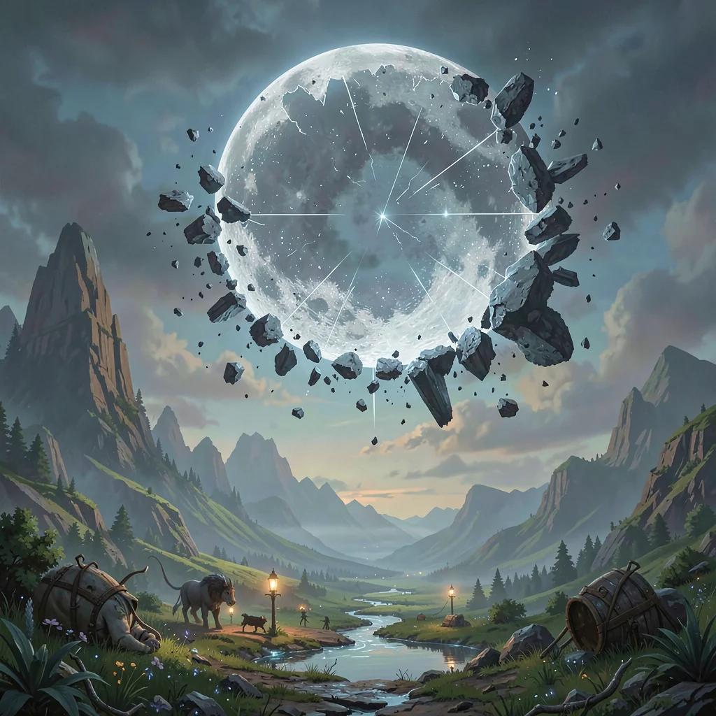 Fantasy environment illustration, a shattered moon hanging over fantasy landscap