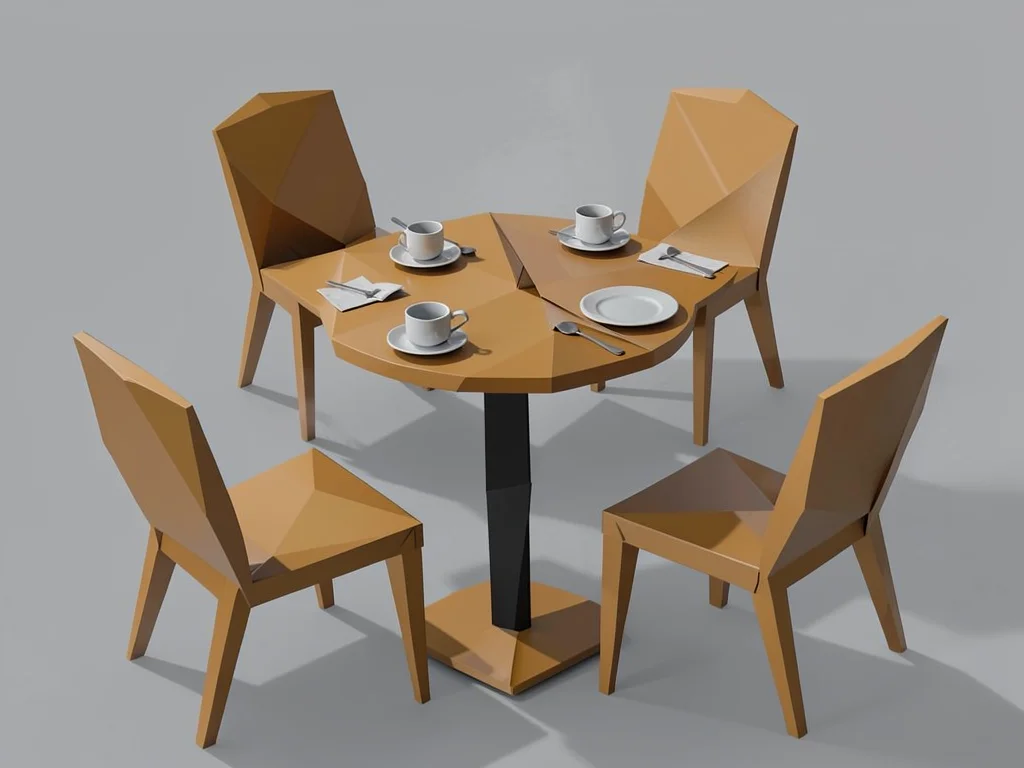Café table set for two — plates, cups, chairs fragmented into simultaneous ochre