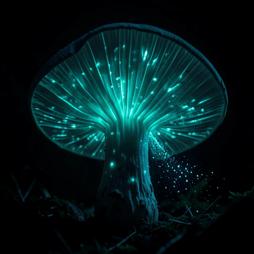 Bioluminescent mushroom gill structure in darkness, spore release visible, alien