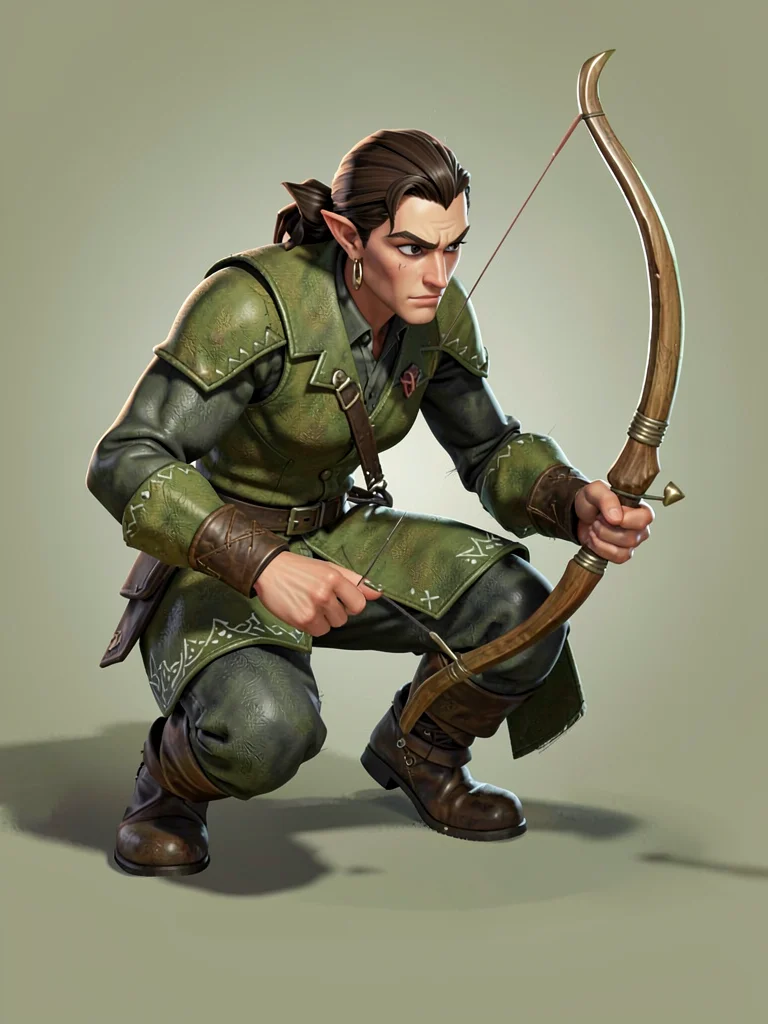 Crouched elven ranger in moss-green leather with embroidered hem patterns, bow h