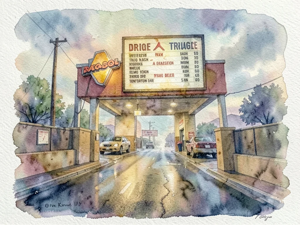 Drive-through lane at Taco Bell, menu board illuminated, hand-painted gum bichro