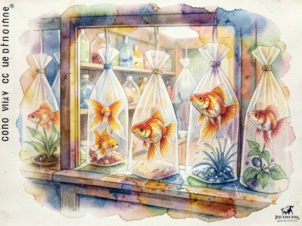 Pet store window display, goldfish in plastic bags, hand-painted pigments bleedi