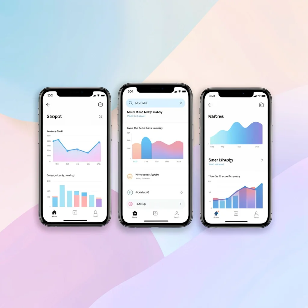 Screenshot grid of three phones in stair-step formation, abstract reader dashboa