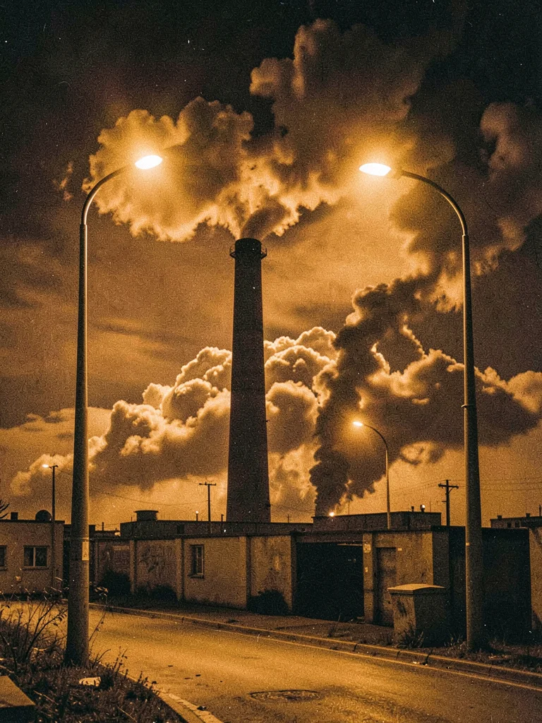 Industrial smokestack against orange-lit clouds, pollution at night