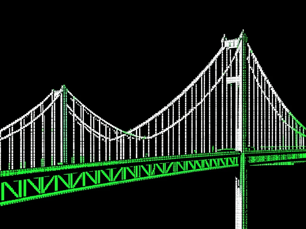 A suspension bridge in white characters on black, the cables as long arcing line