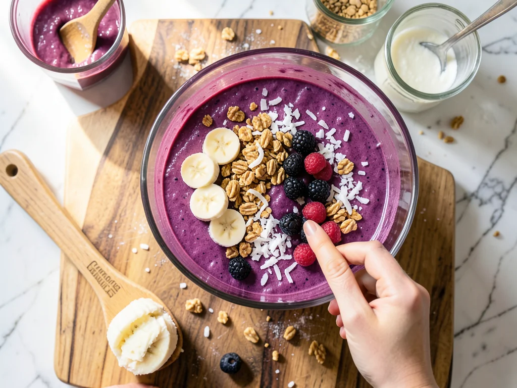 A smoothie bowl mid-assembly: the purple acai base, hands placing banana slices,