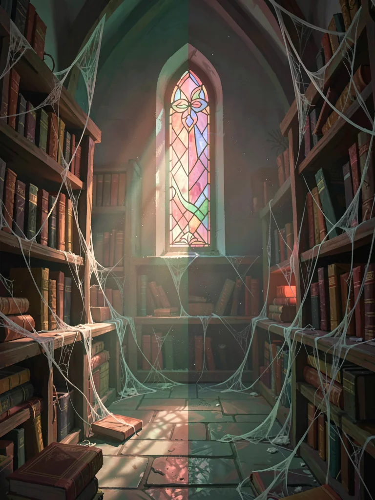 Spell-warded wizard's archive with cobweb-covered tomes lit by a single stained-