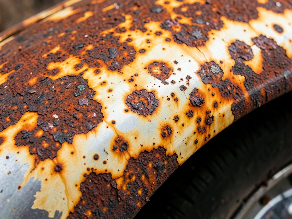 Vintage car fender with rust blooms, amber patina spreading like watercolor