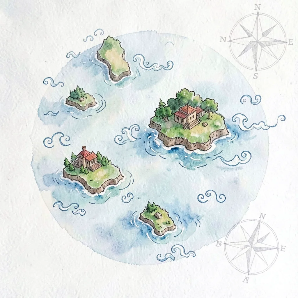 Map vignette of a cluster of fictional islands with whimsical wave doodles and a