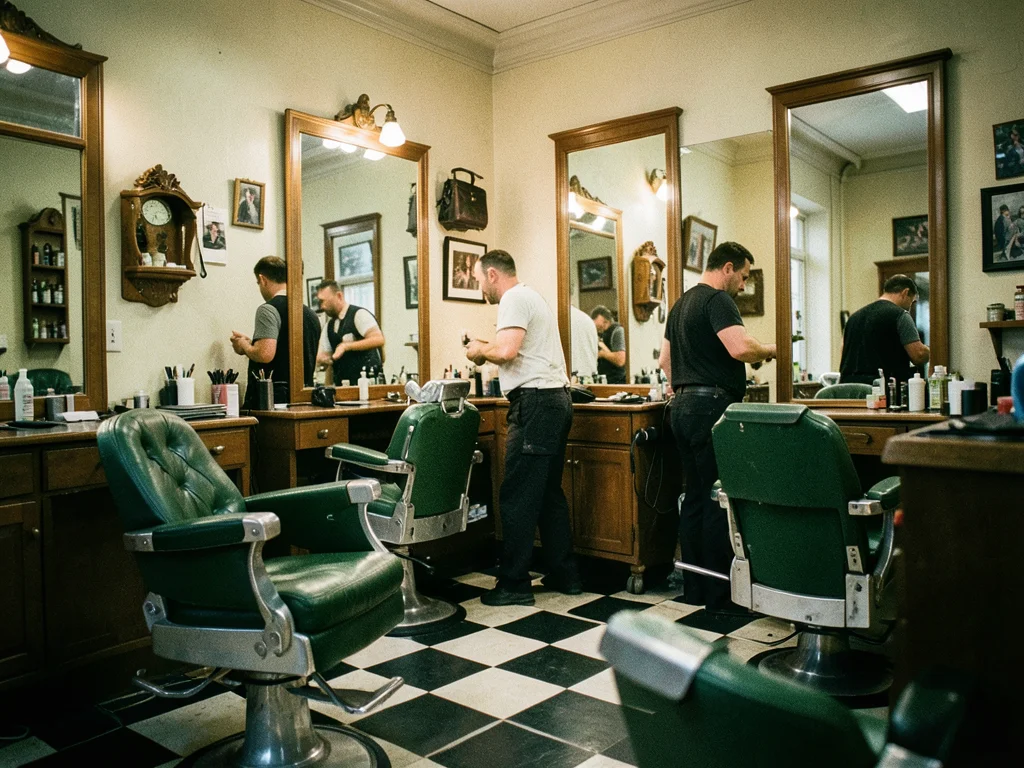 A barbershop with green leather chairs and checkerboard floor, a barber and clie