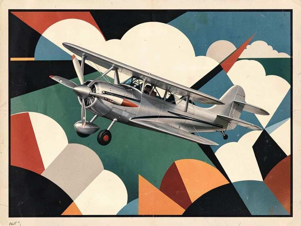 Art Deco airplane in clouds
