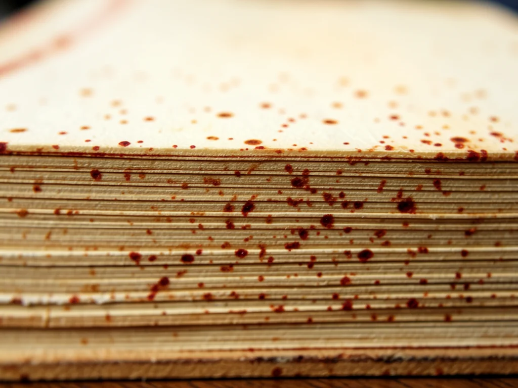 Sprinkled edge antique book, red-brown ink spots deliberately applied to page ed