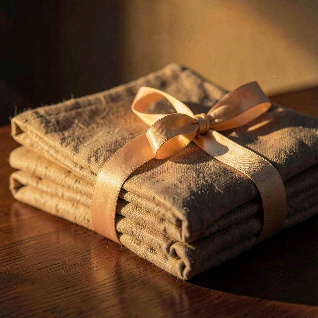 Warm product portrait of a stack of folded sheets tied with a soft ribbon, deep 