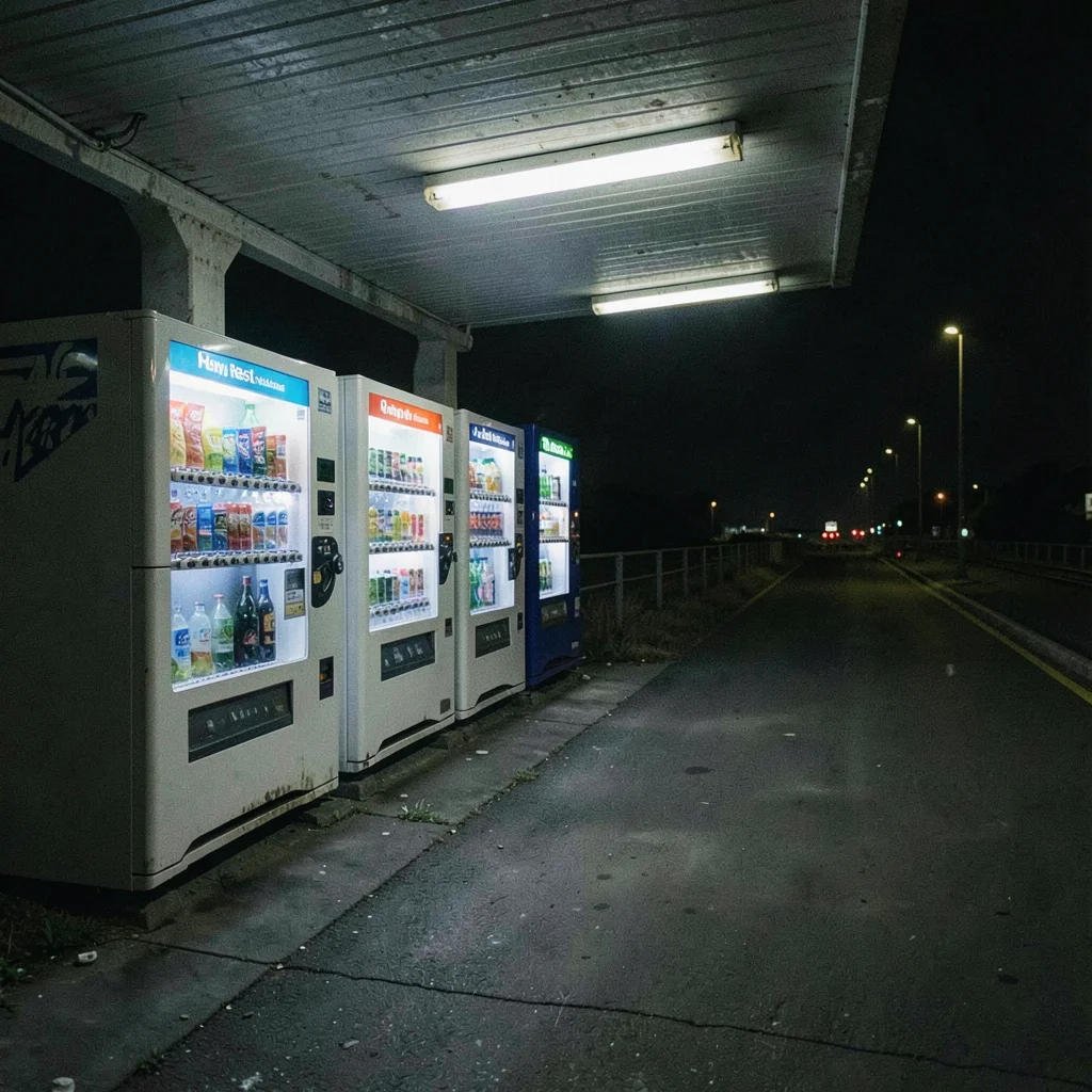 Highway rest area vending machines glowing at 3am