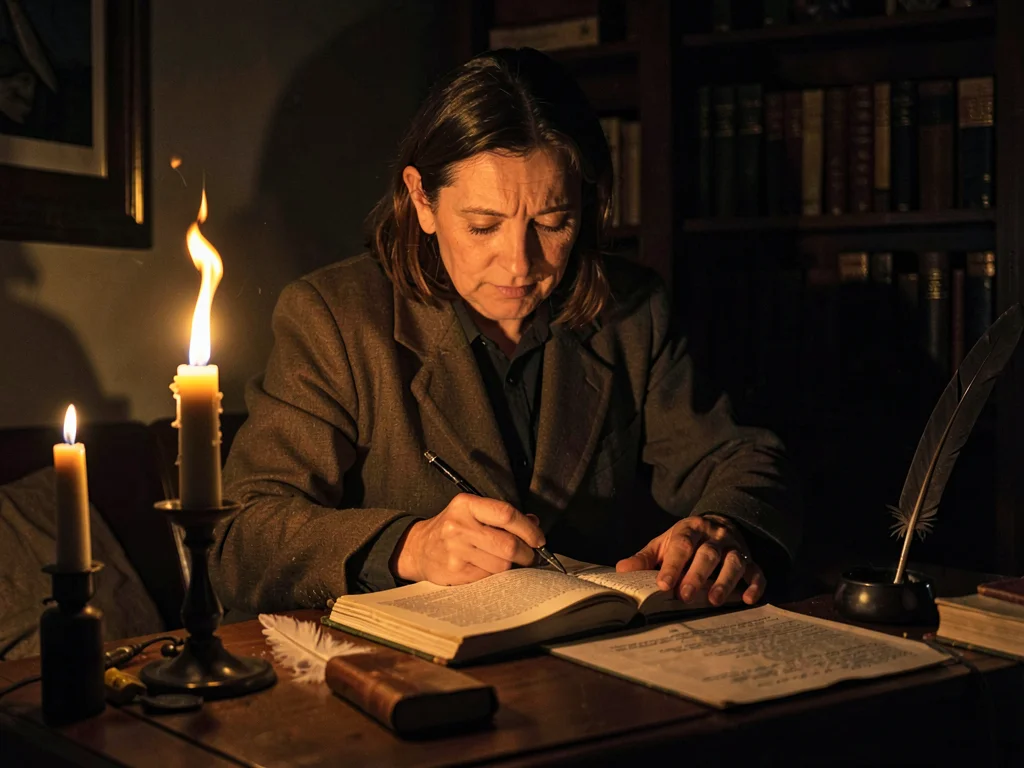 Writer at desk by candlelight, quill implied, the historical creation, shadows o