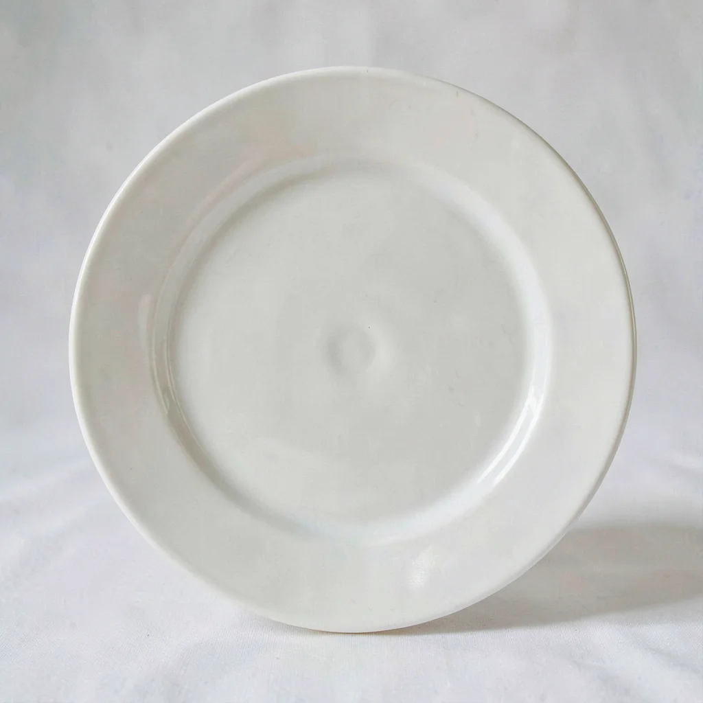A round porcelain dinner plate sits empty showing a wide flat rim and softly off