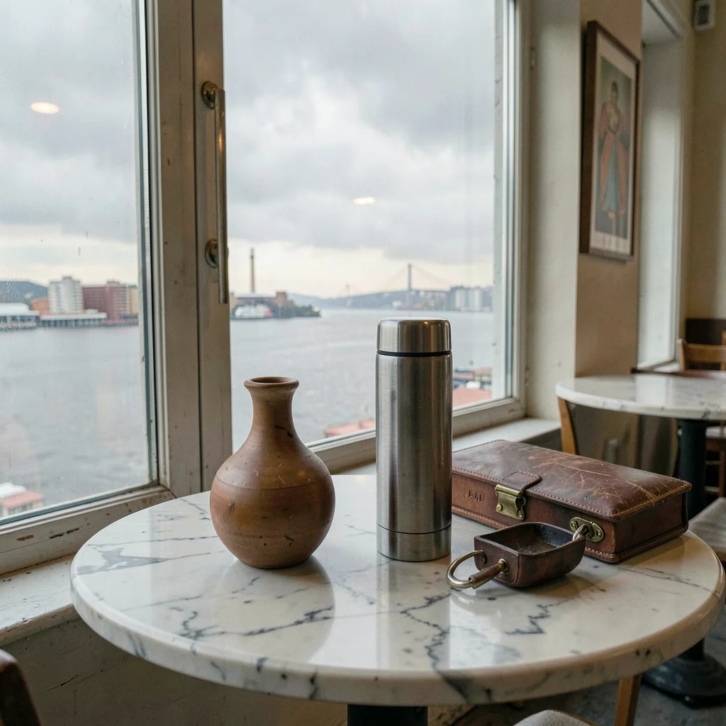 Quietly elegant photograph with Uruguayan sensibility, Mate gourd and thermos on