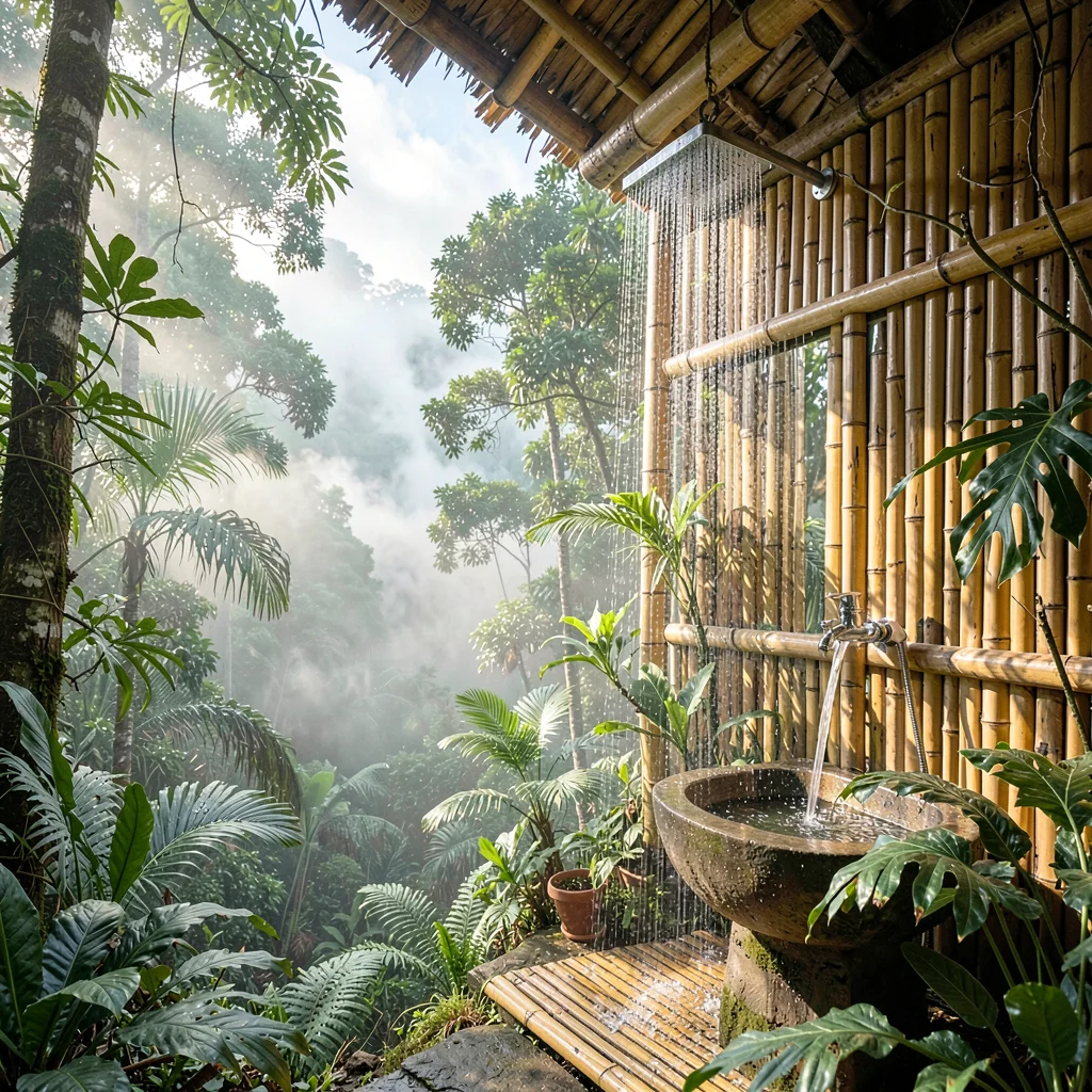 Cloud forest mist layers in Costa Rica, A sustainable bamboo bathroom with rainf