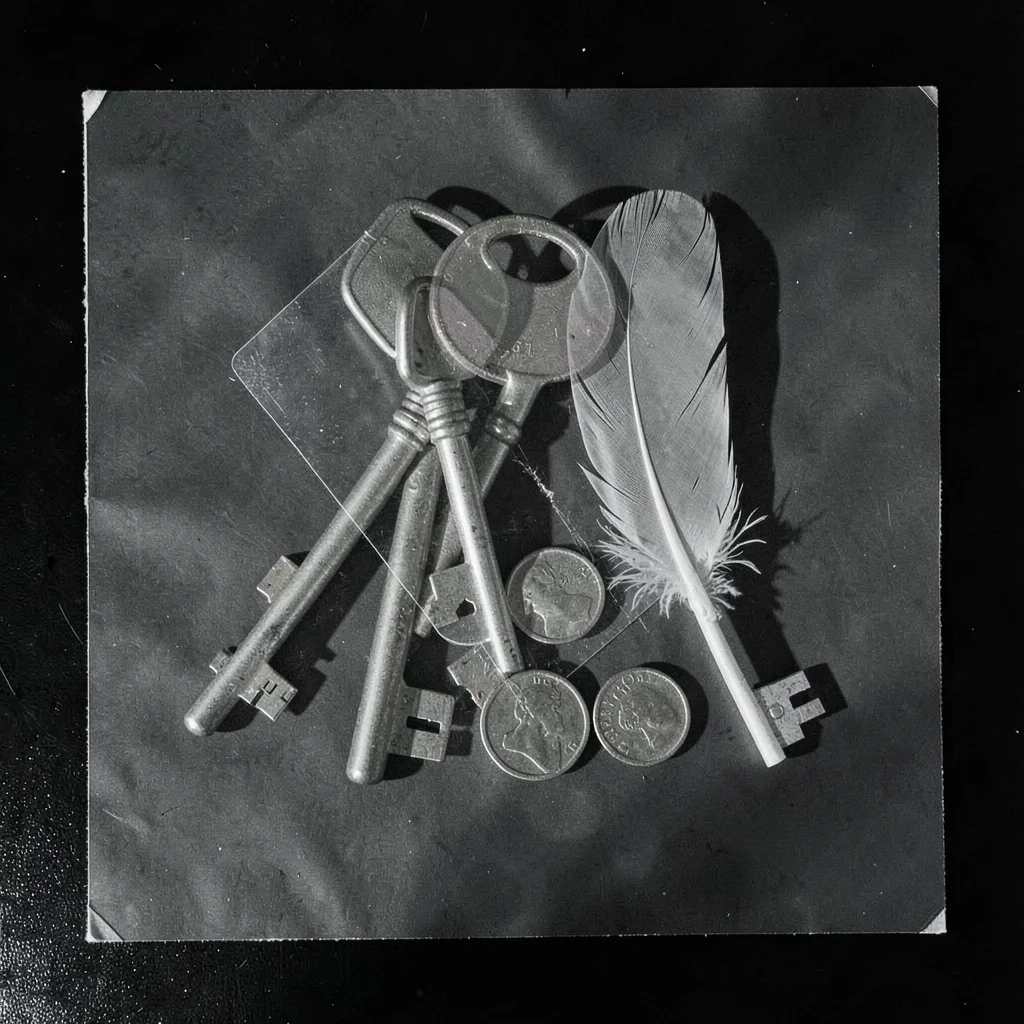 A cluster of keys, coins, and a feather arranged as overlapping photogram shadow