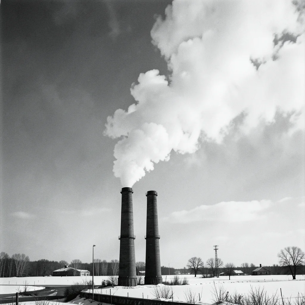 Smoke rising from a factory chimney stack against a winter sky, the plume sharp 