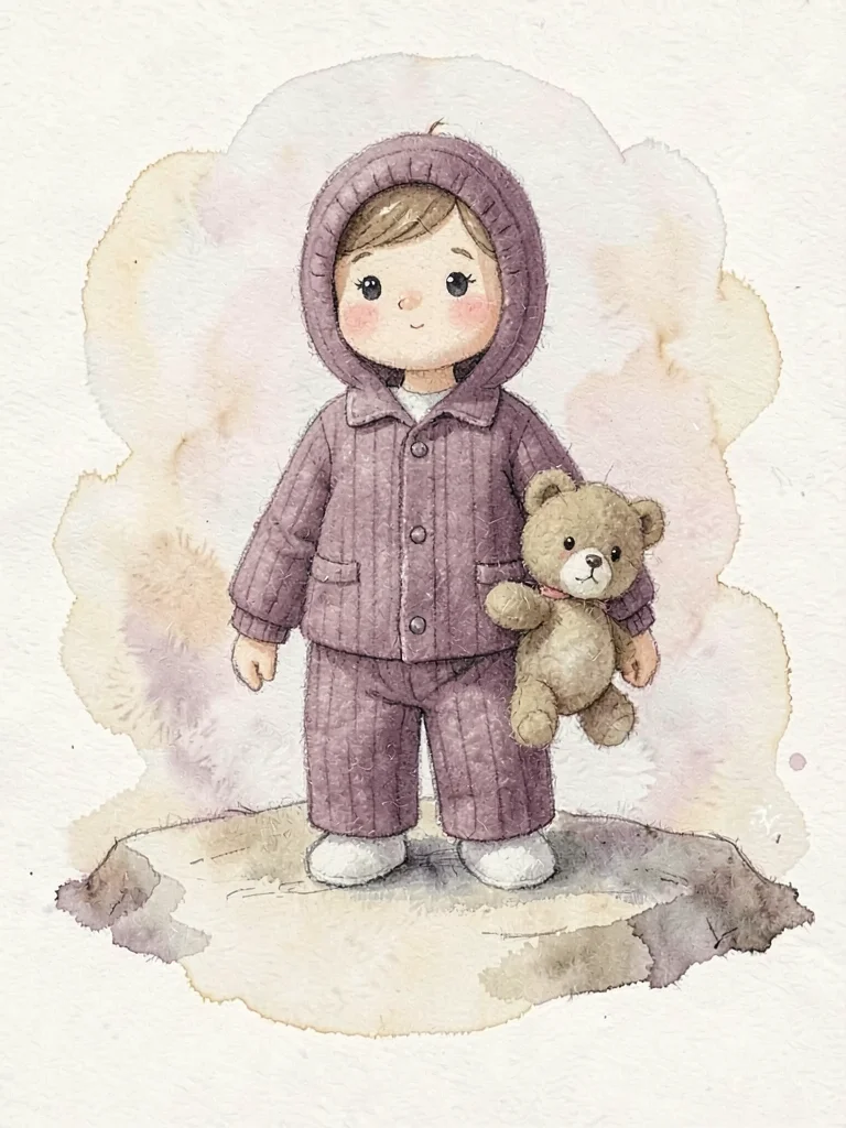 Pajama-wearing soft-plum knit bedtime-figure with a felted teddy under one arm, 