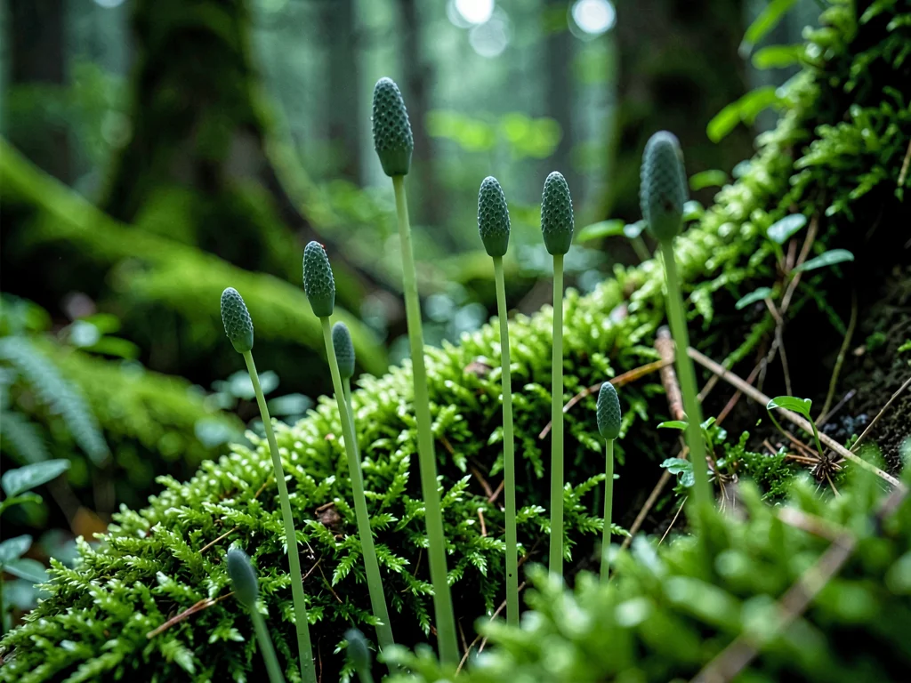 Moss spore capsules rising on stalks