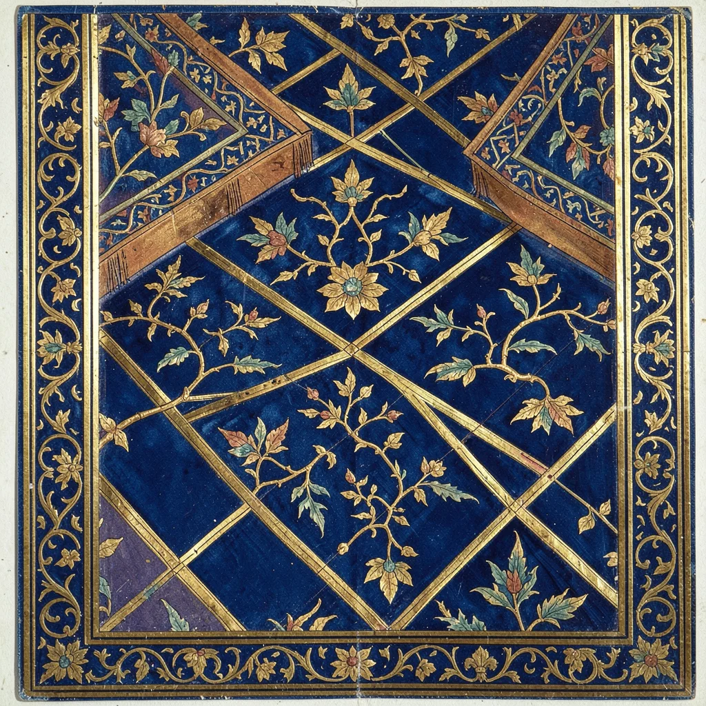Close-up of a tiled geometric floor pattern in deep blue and gold