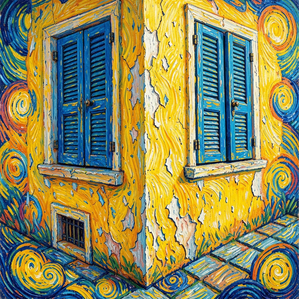 Post-impressionist Provençal intensity, emotional saturated color, Blue shutters