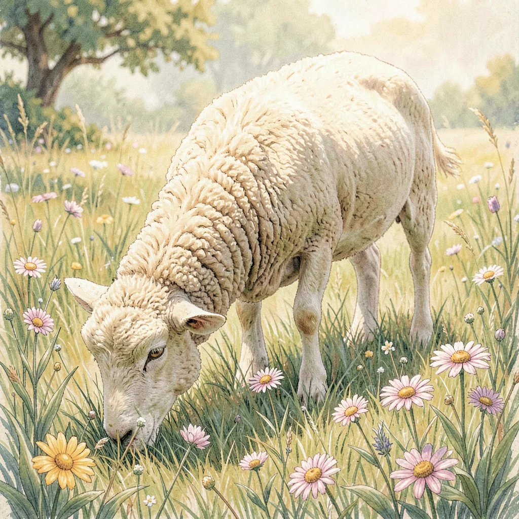 Botanical illustration of a sheep grazing in a meadow with three wildflowers in 