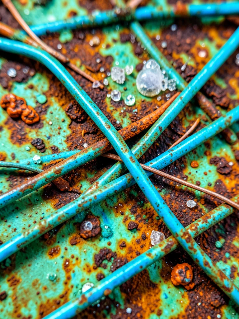 Copper wire bundle exposed to ammonia fumes, brilliant blue-green patina forming