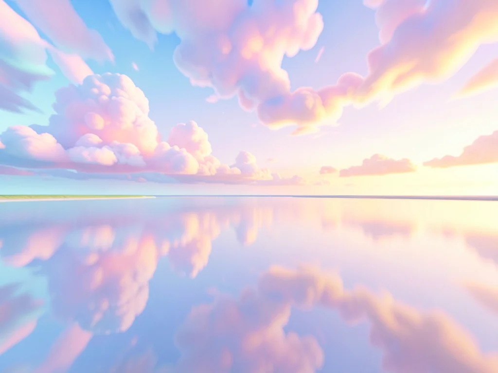 Soft empty lagoon with absolutely no foreground objects, only pastel cumulus ref