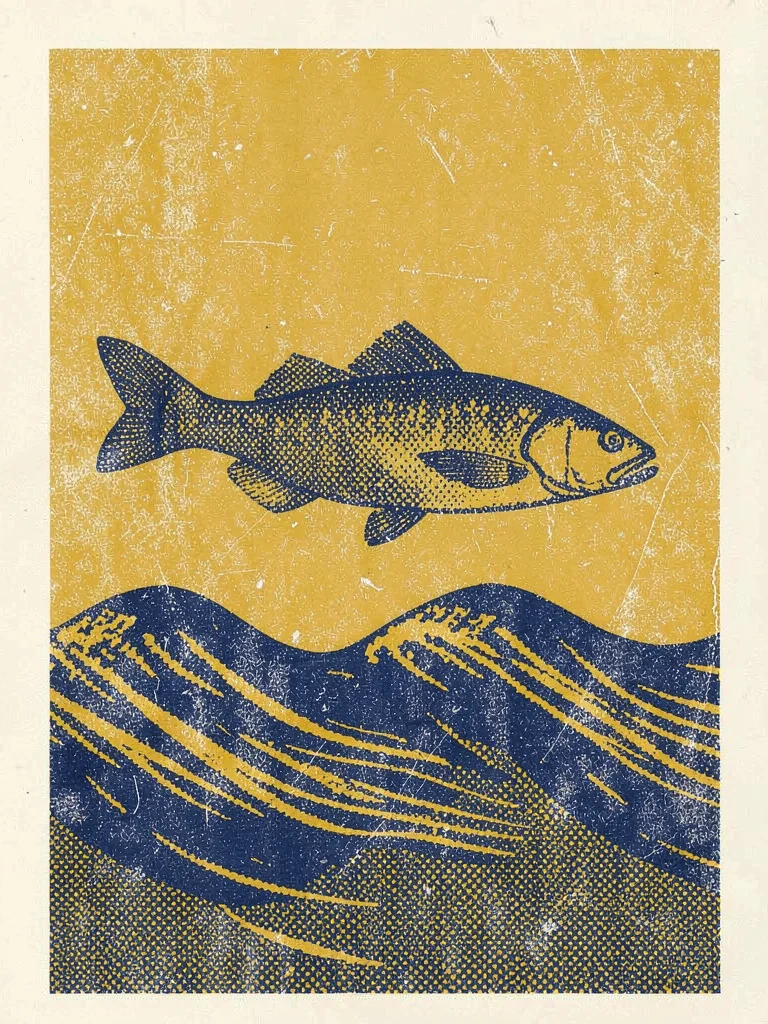 Bold screenprint poster motif of a halftone fish over a halftone wave in mustard