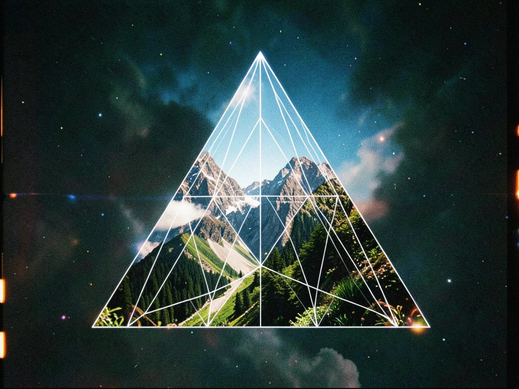 Triangular prism wireframe double-exposed with mountain peaks, edges aligning wi