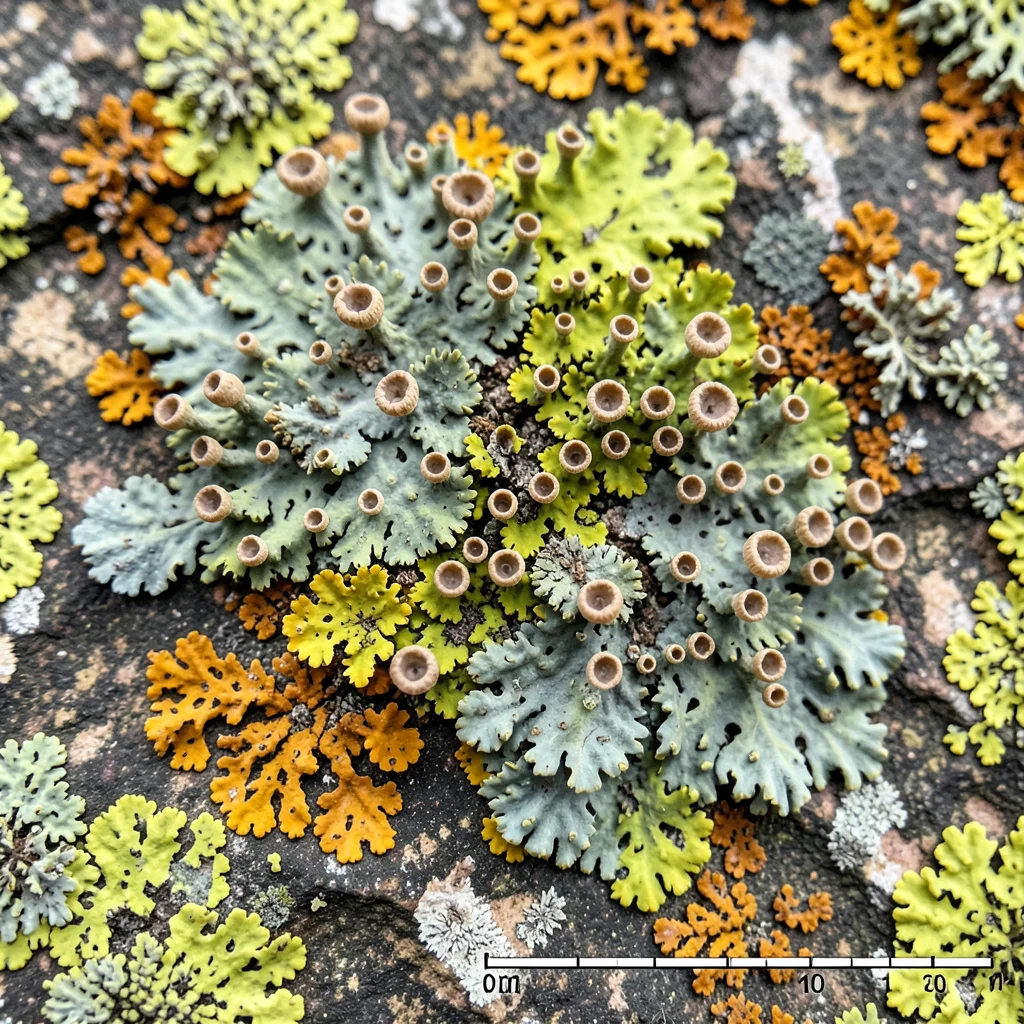 Lichen with apothecia, tiny cup-shaped fruiting bodies dotting the surface, mini
