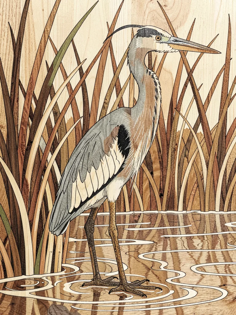 Marquetry heron in reeds