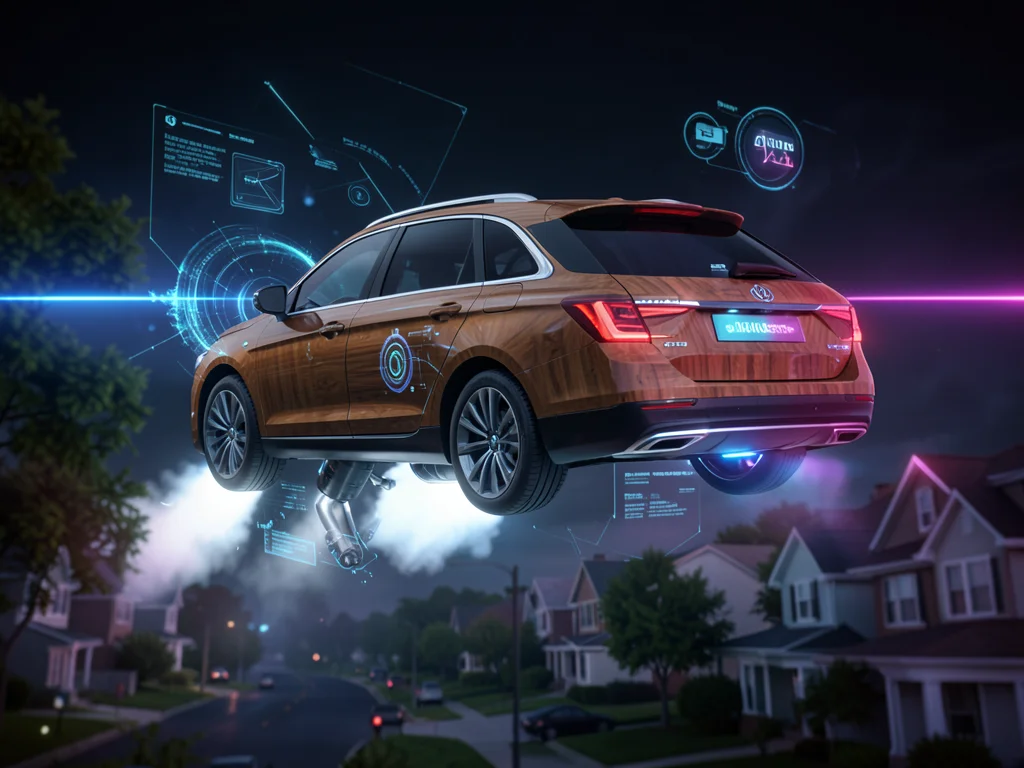 Wood-paneled station wagon flying over suburban neighborhood, jetpack exhaust