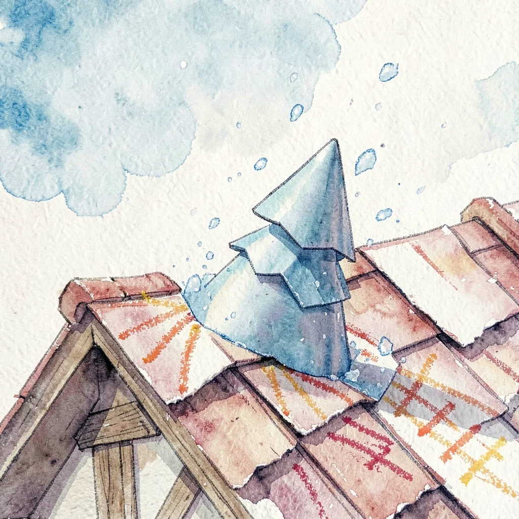 A pop-up paper hailstone tumbling onto torn-paper roof with crayon bounce marks