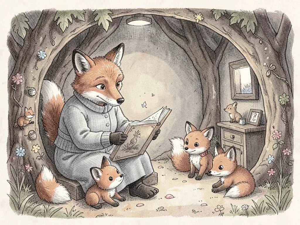 Grandmother fox reading to baby foxes