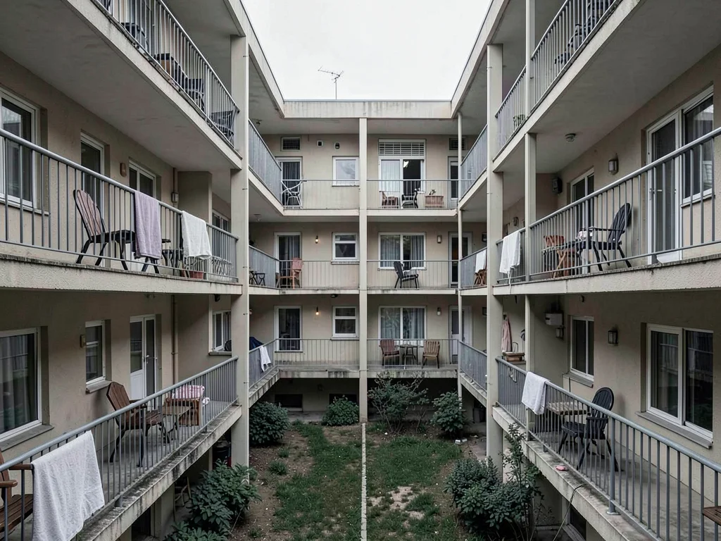 Apartment complex courtyard — identical balconies, identical chairs, one with a 