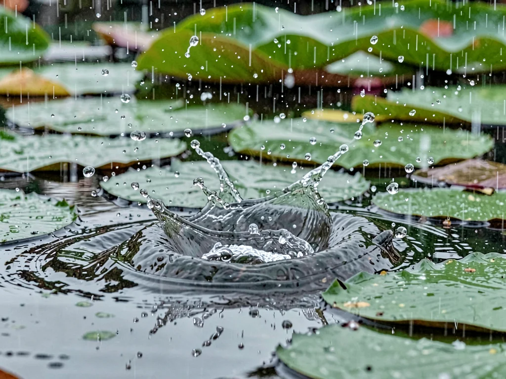 Rain on water lily pad pooling