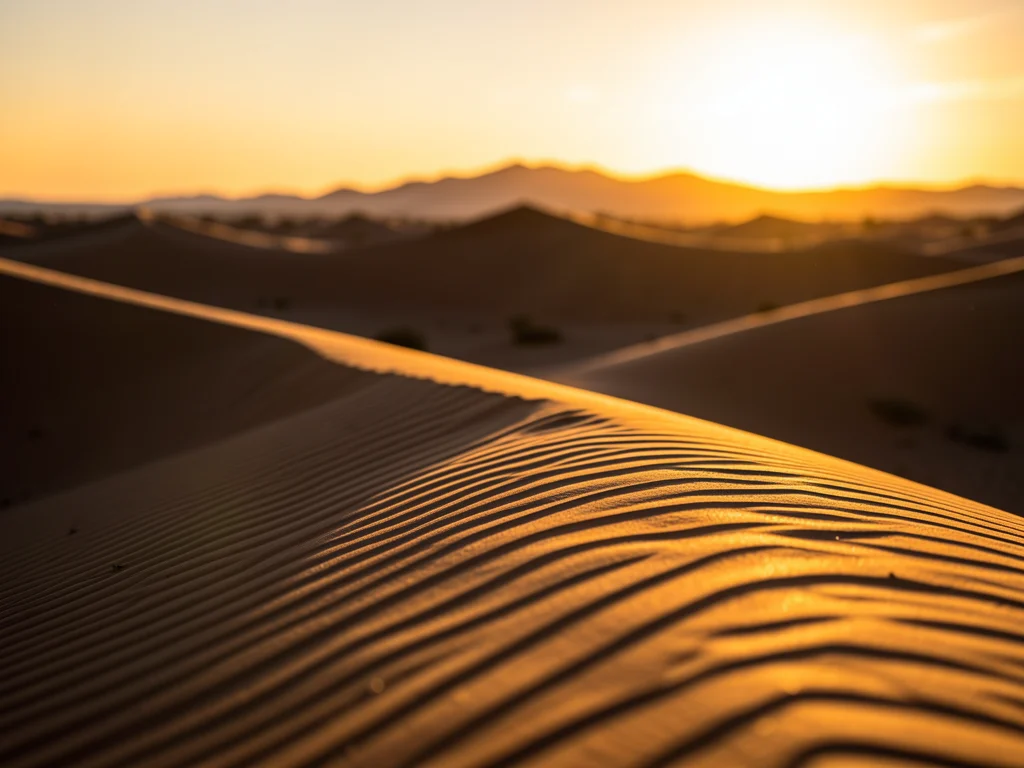 Desert sand dunes at sunset, long shadows creating wave-like patterns