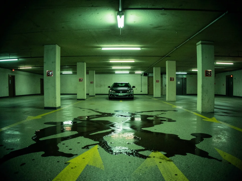 Underground parking garage level B3, concrete columns every thirty feet with ref
