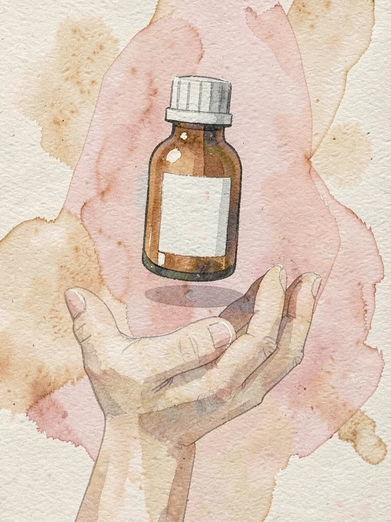 Cut-paper render of a single tincture bottle floating gently above a layered pap