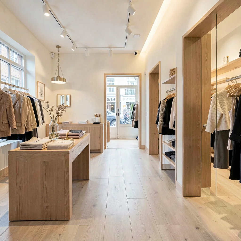 retail boutique interior with display tables and dressing rooms, bright light